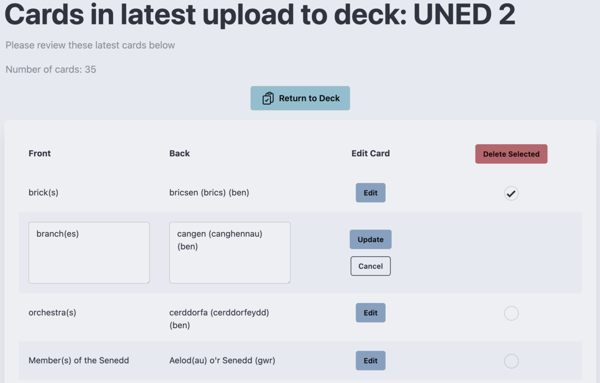 A clear interface showing how any generated cards can be easily edited or deleted after AI image processing