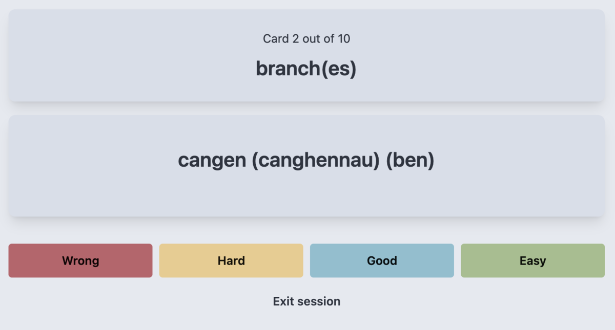 A clear interface showing how a user can rate how well they remembered a Welsh word