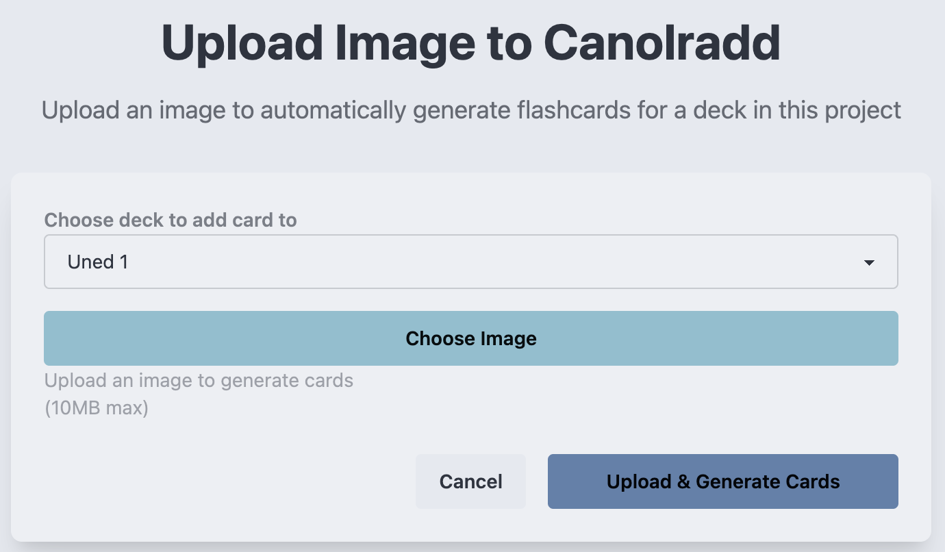 A clear interface of how the user can upload the image of the vocabulary to be processed by the AI backend