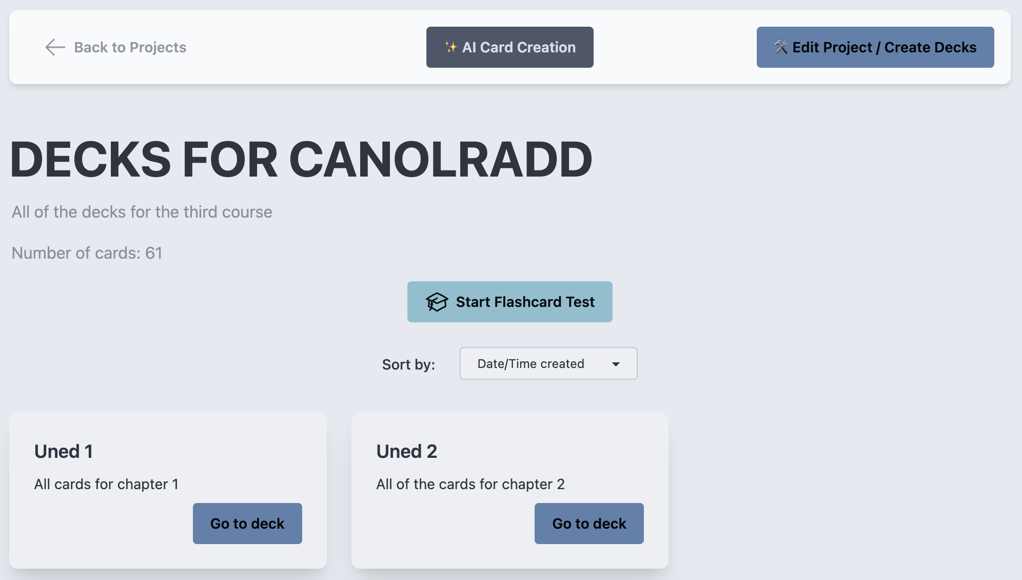 Screenshot of the layout of decks in a project. The clear interface shows how easily a project can be edited, a new deck added, and access to the AI card generation features is clearly displayed.