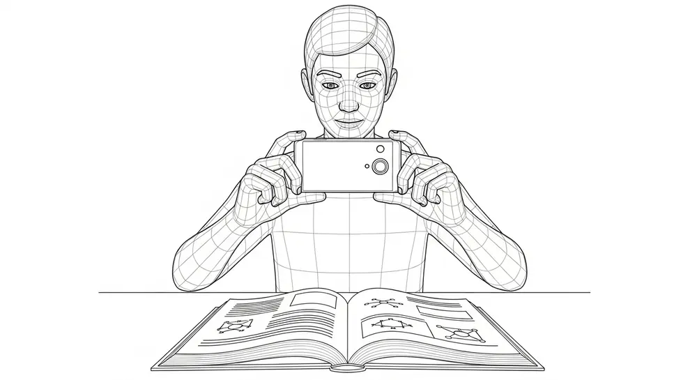 An illustration of a person taking a photo of their textbook with their mobile phone in order to upload it to the site
