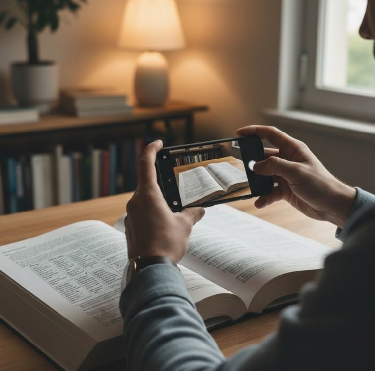 An illustration of a person taking a photo of their textbook with their mobile phone in order to upload it to the site